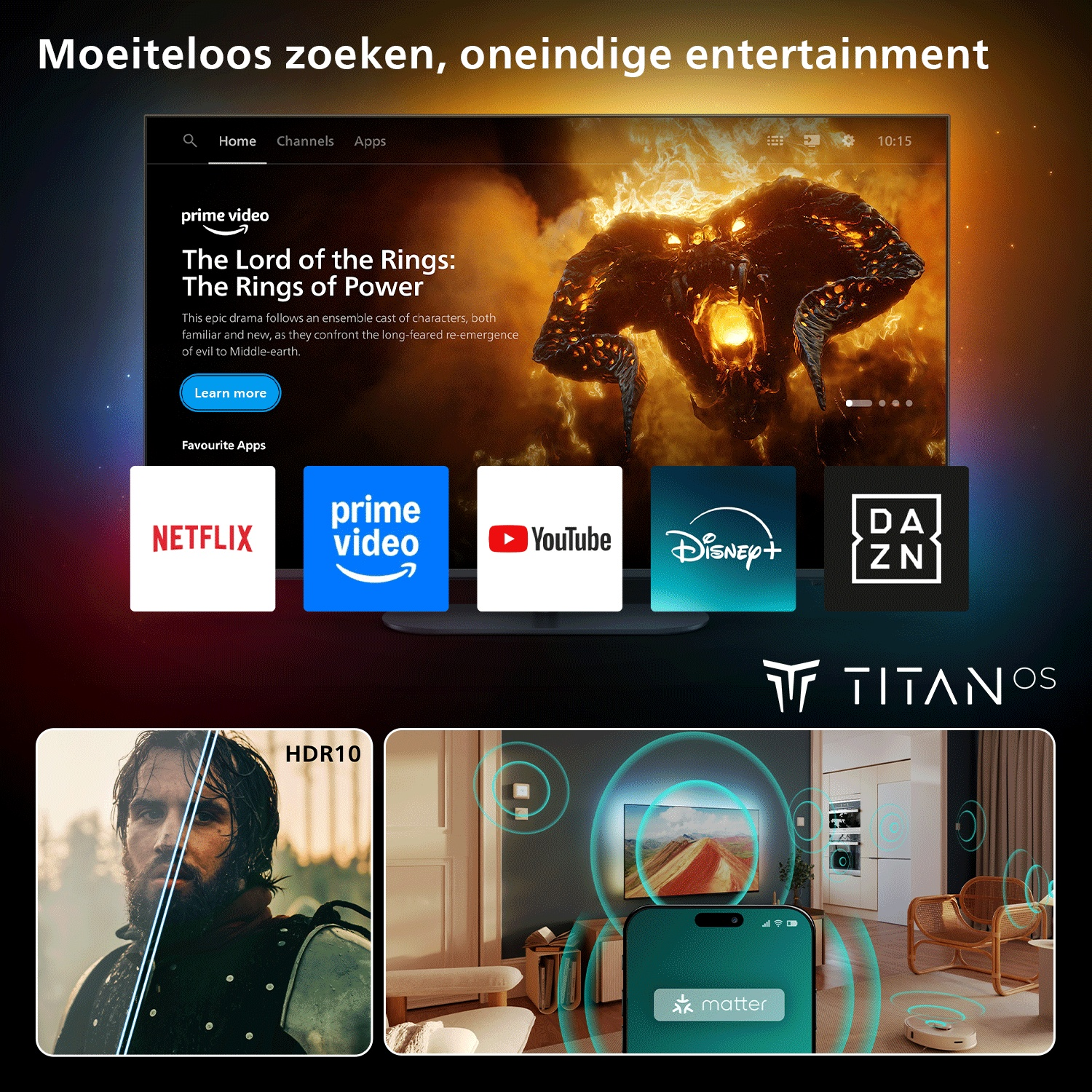 TV displaying apps like Netflix, Prime Video, YouTube. HDR10 display.