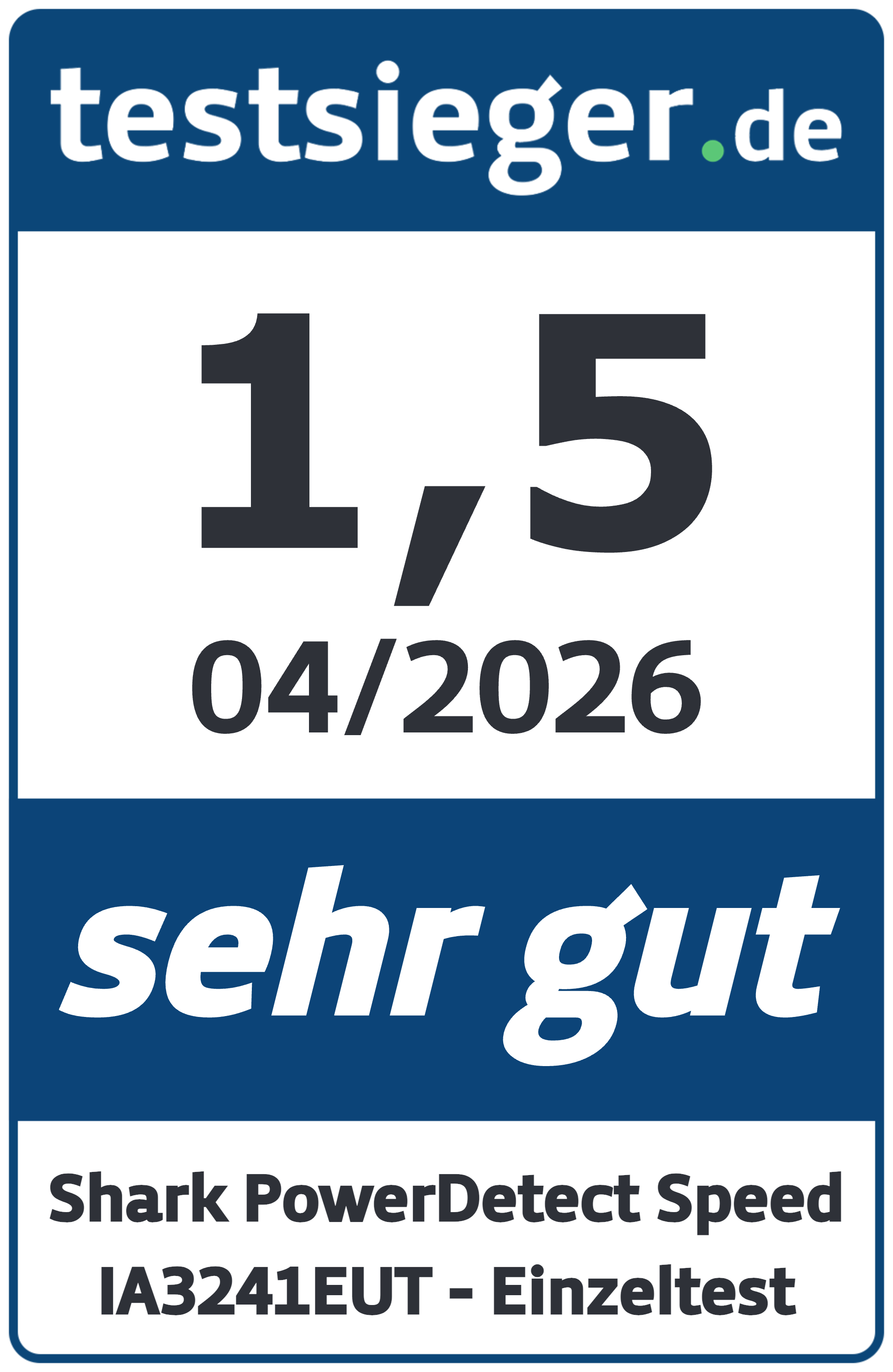 Testsieger.de Bewertung: 1,5 "sehr gut" für Shark PowerDetect Speed IA3241EUT.