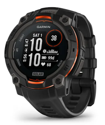 Czarny smartwatch Garmin z pomarańczowymi akcentami i wyświetlaczem solarnym.