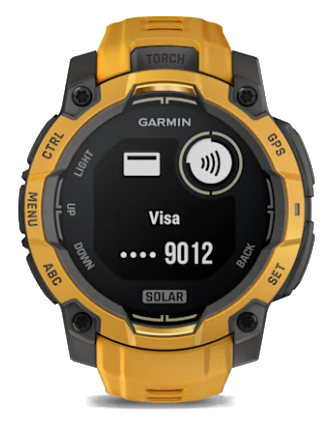 Żółty smartwatch Garmin wyświetlający informacje o płatności Visa.