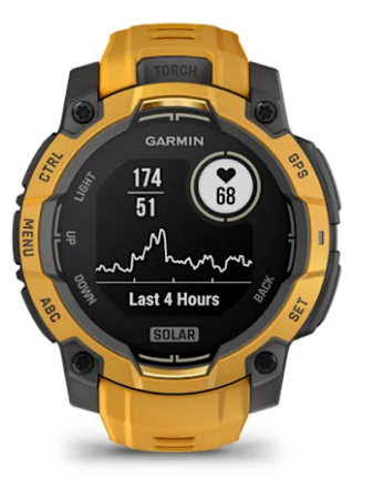 Żółty smartwatch Garmin wyświetlający dane tętna i aktywności.
