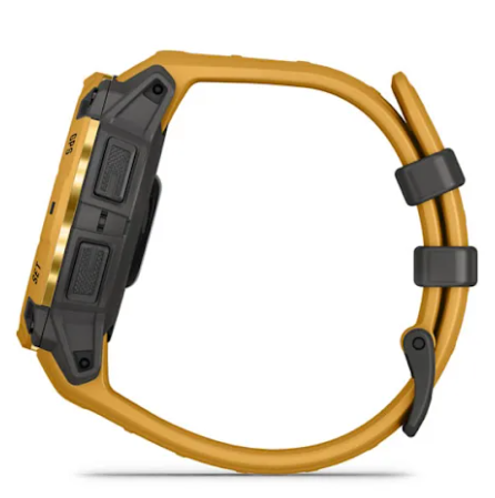 Żółty smartwatch z czarnymi przyciskami i paskiem, pokazany z boku.