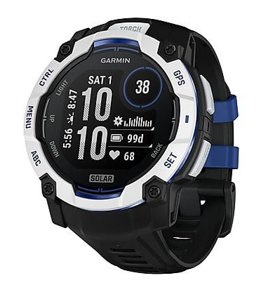Czarny smartwatch Garmin z białymi i niebieskimi akcentami, wyświetla czas i dane.