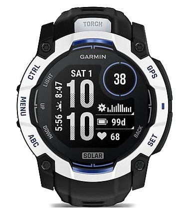 Czarny smartwatch Garmin z białym bezelem i wyświetlaczem słonecznym.