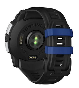 Tył czarnego smartwatcha z monitorem tętna i niebieskim uchwytem paska.