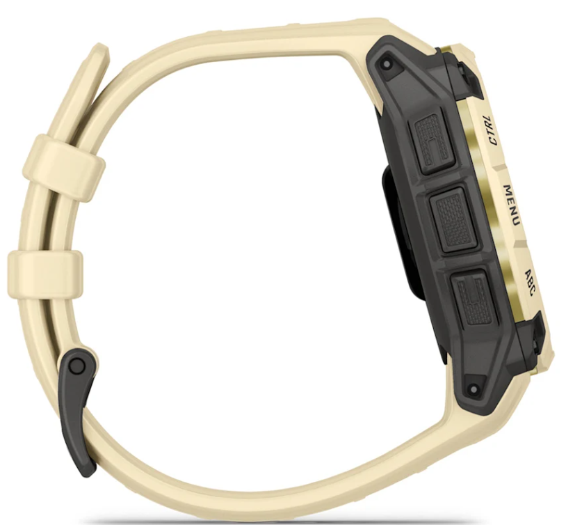 Jasnobrązowy smartwatch z czarnymi przyciskami i etykietami.