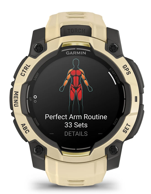 Zegarek Garmin wyświetla mapę mięśni rutyny ramion 33 serie.