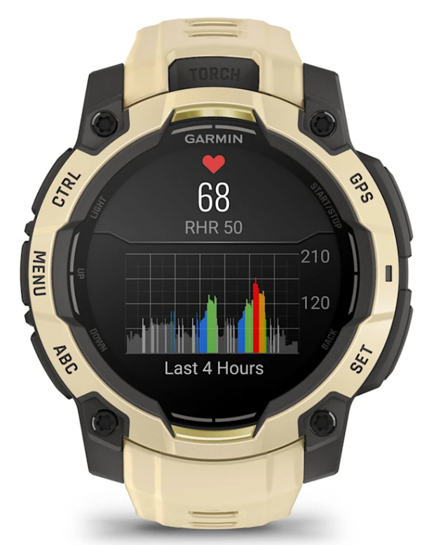 Złoty smartwatch Garmin wyświetlający wykres tętna z ostatnich 4 godzin.