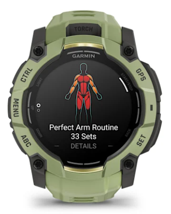 Zegarek Garmin wyświetla mapę mięśni do rutyny ramion, 33 serie.