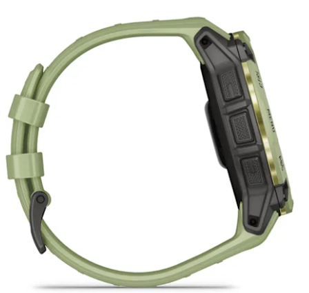 Zielony smartwatch z czarną obudową i przyciskami sterującymi.