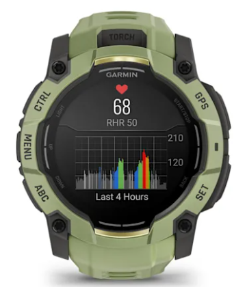 Zielony zegarek Garmin pokazujący tętno 68, RHR 50 i wykres.