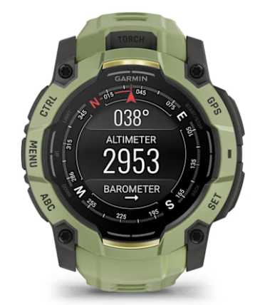 Zielony zegarek Garmin z wysokościomierzem, barometrem, kompasem i latarką.