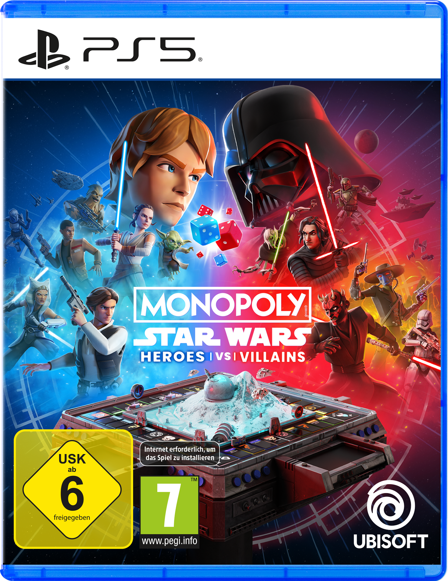Monopoly Star Wars Heroes vs Villains PS5 Cover: Luke, Vader, Yoda, Rey, Maul, Kylo Ren, Han, Boba Fett.