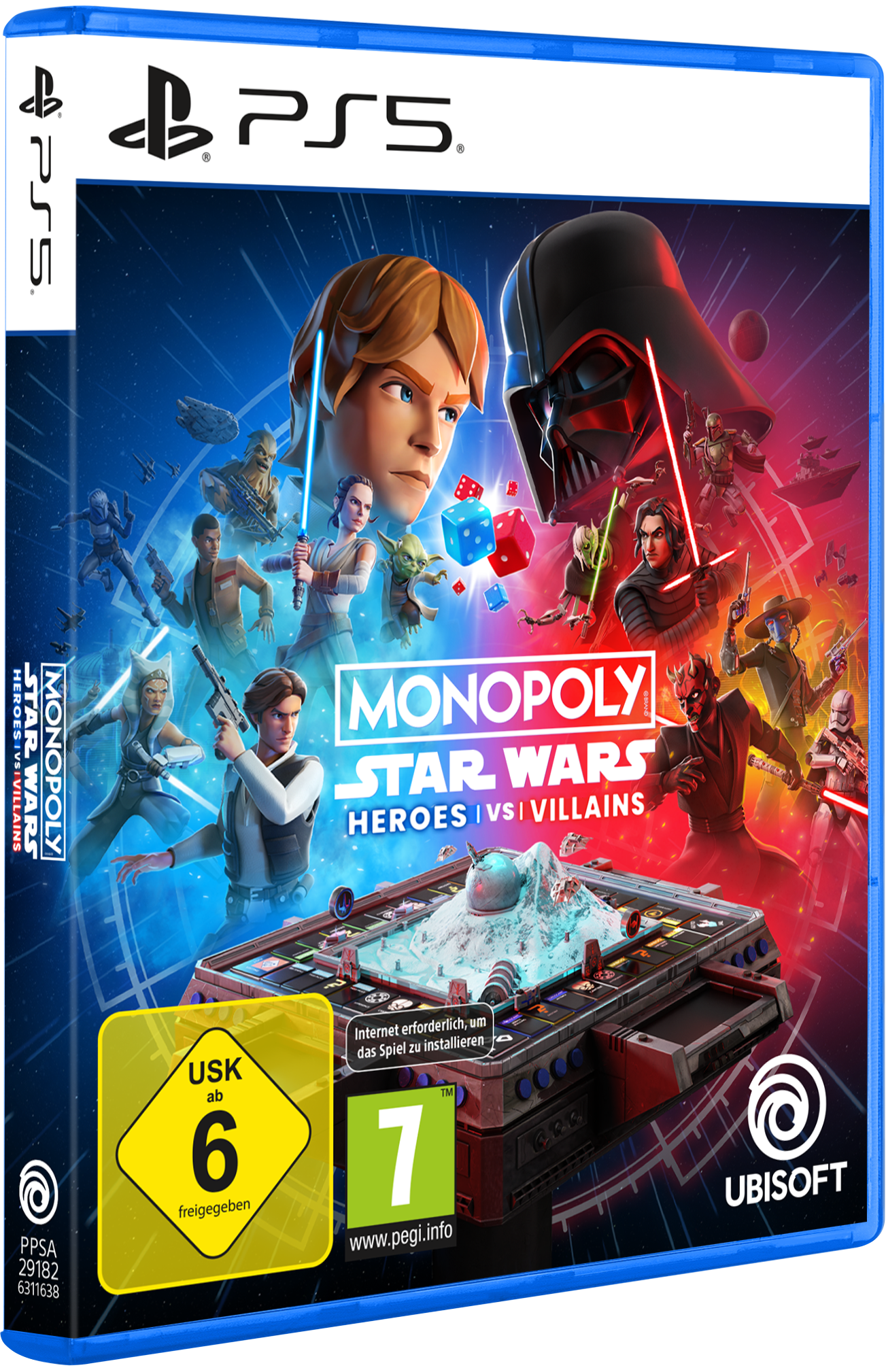 Monopoly Star Wars Helden vs Schurken PS5 Hülle mit Charakteren und Spielbrett.