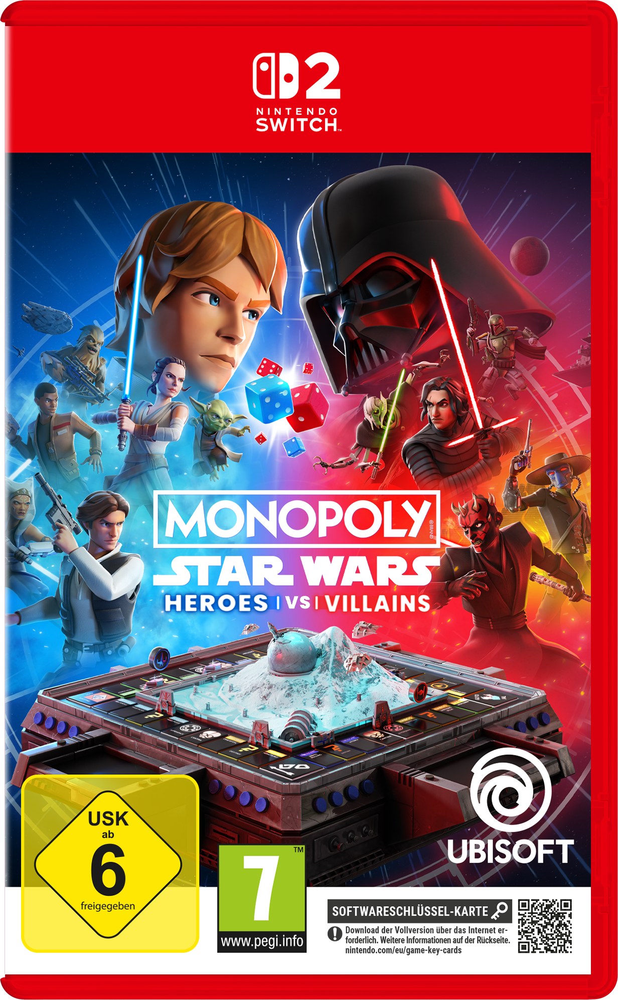 Monopoly Star Wars: Helden vs. Schurken Cover mit Charakteren, Würfeln und Spielbrett.