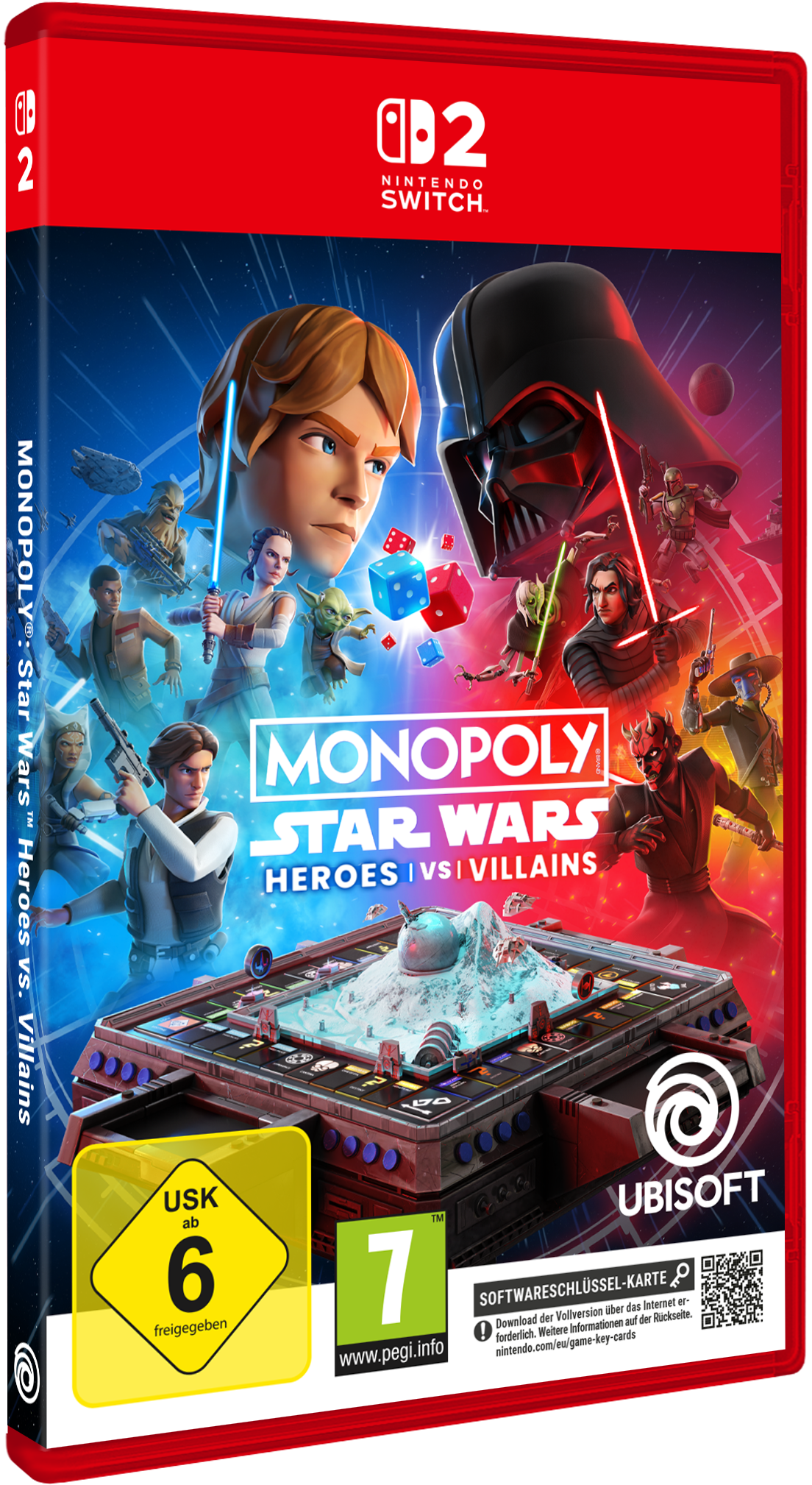 Monopoly Star Wars Heroes vs Villains Switch Hülle mit Charakteren und Spielbrett.