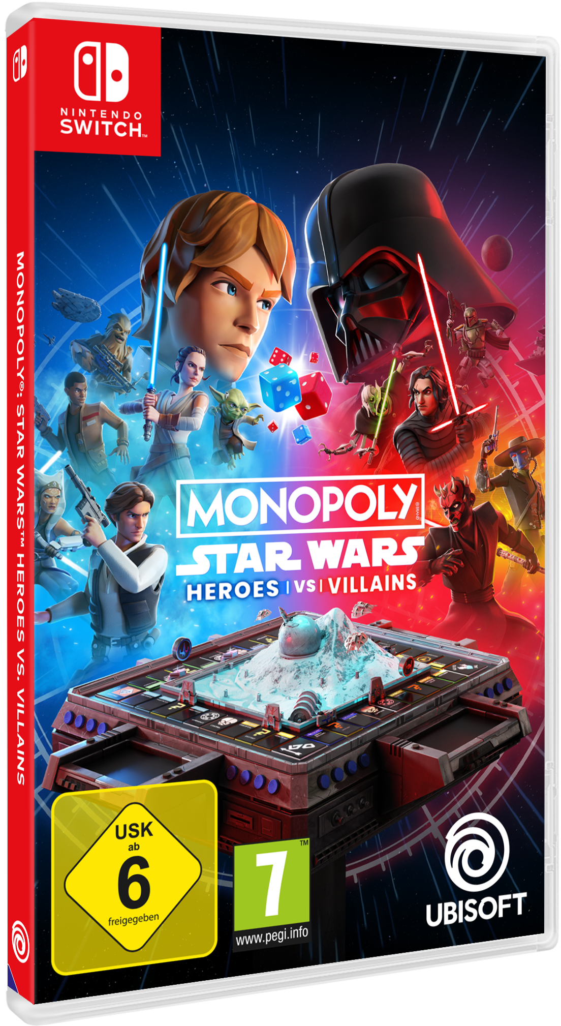 Monopoly Star Wars: Helden vs. Schurken Nintendo Switch Hülle mit Charakteren.