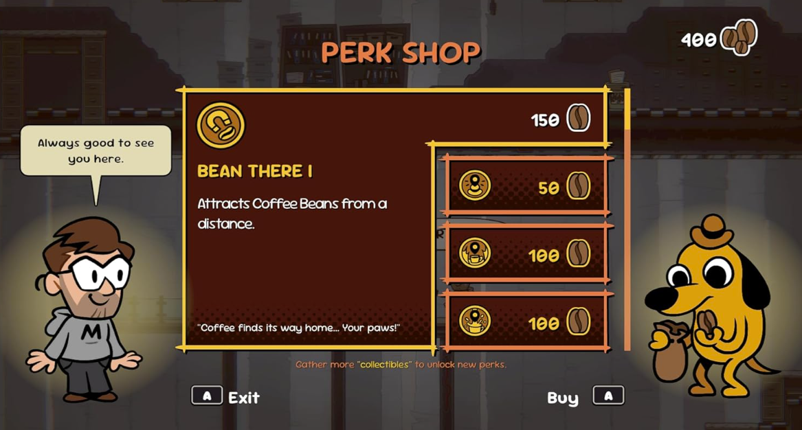 Perk Shop Menü mit Charakteren und Kaffeebohnen-Kaufoptionen.
