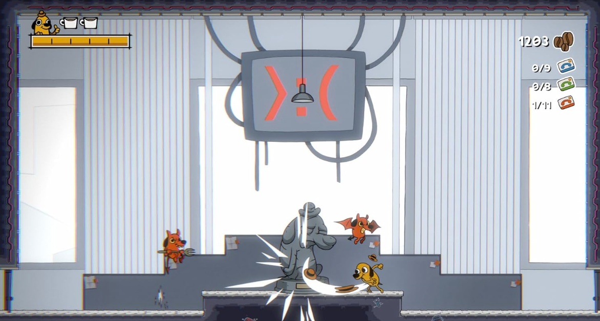 Ein gelber Hundecharakter in einem Spiel, der in der Nähe einer Statue gegen rote fledermausähnliche Feinde kämpft.