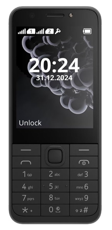 Czarny telefon komórkowy wyświetla 20:24 dnia 31.12.2024 i opcję 'Odblokuj'.