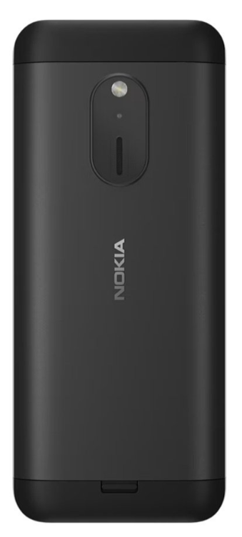 Tył czarnego telefonu Nokia z aparatem i logo.