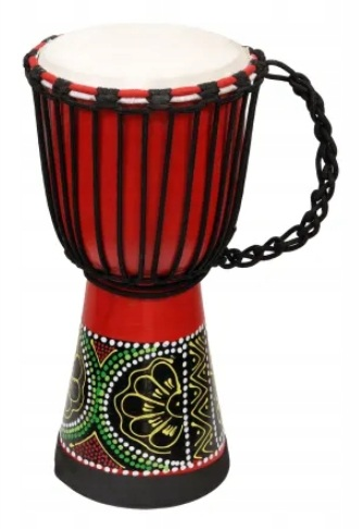 Czerwony bęben djembe z czarną liną i wzorzystym korpusem.