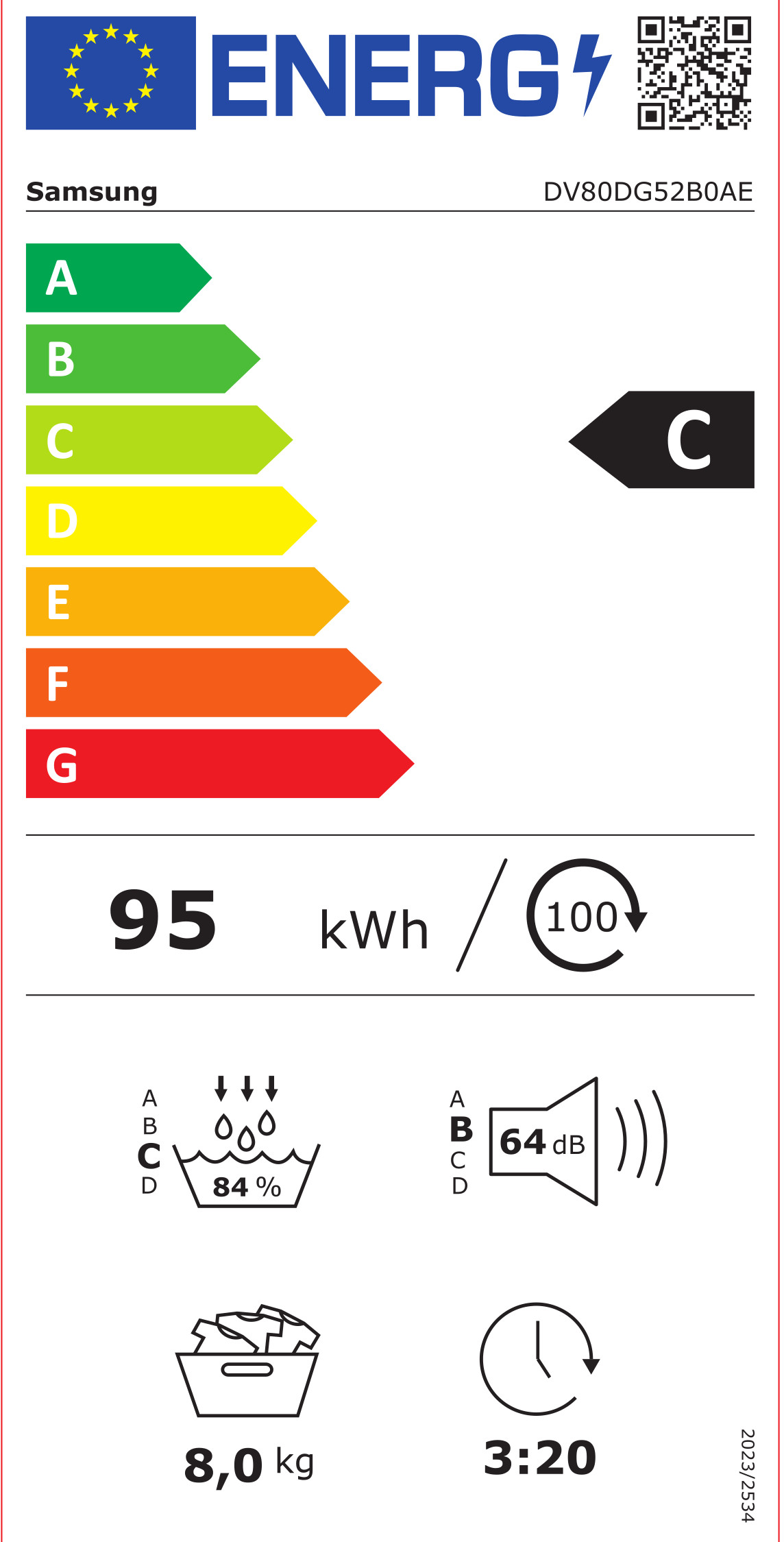 Etykieta energetyczna z logo Samsung, Klasa C, 95 kWh/100 cykli, pojemność 8,0 kg.
