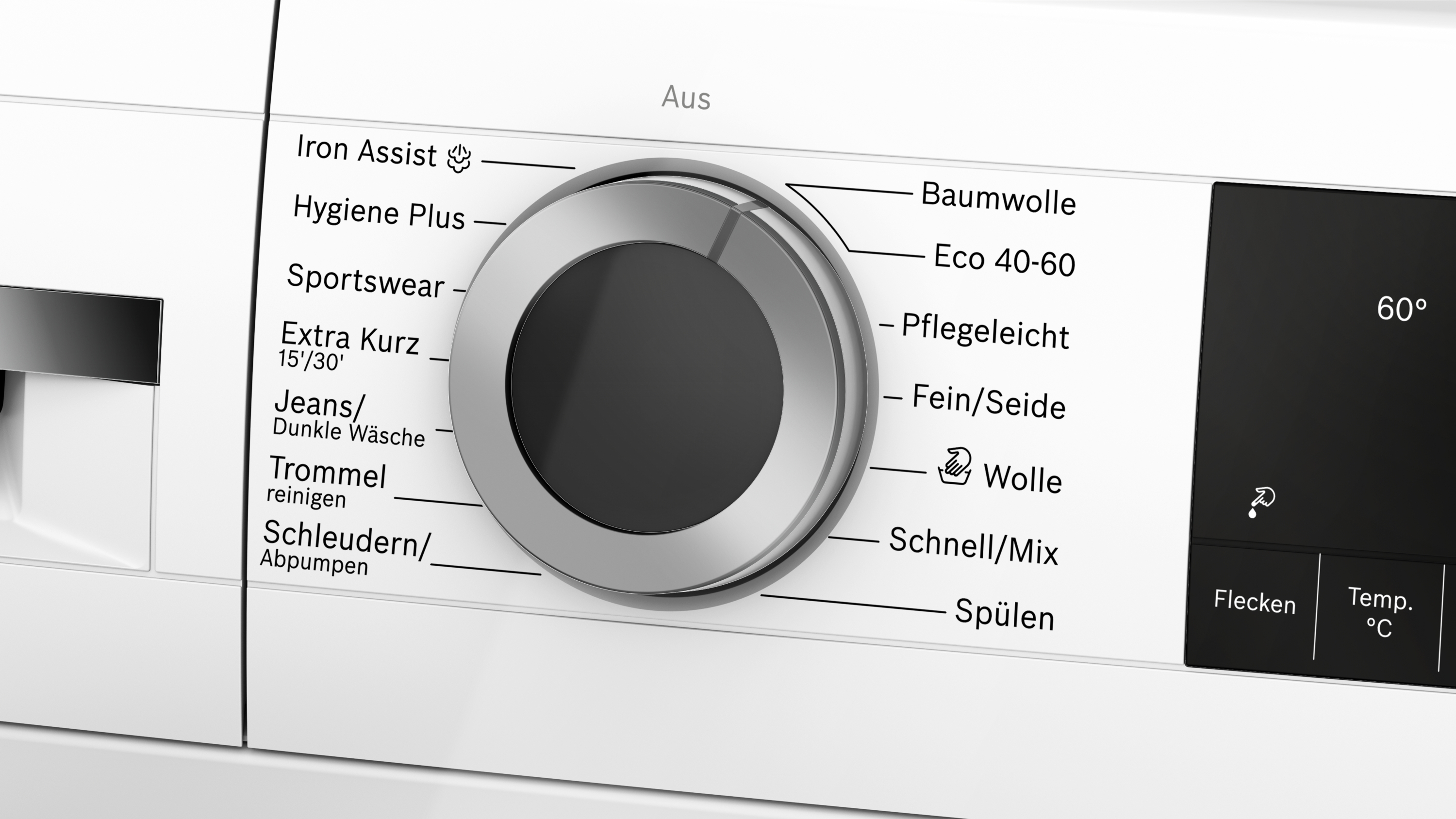 Nahaufnahme eines weißen Waschmaschinendisplays mit Drehknopf und Programmen.
