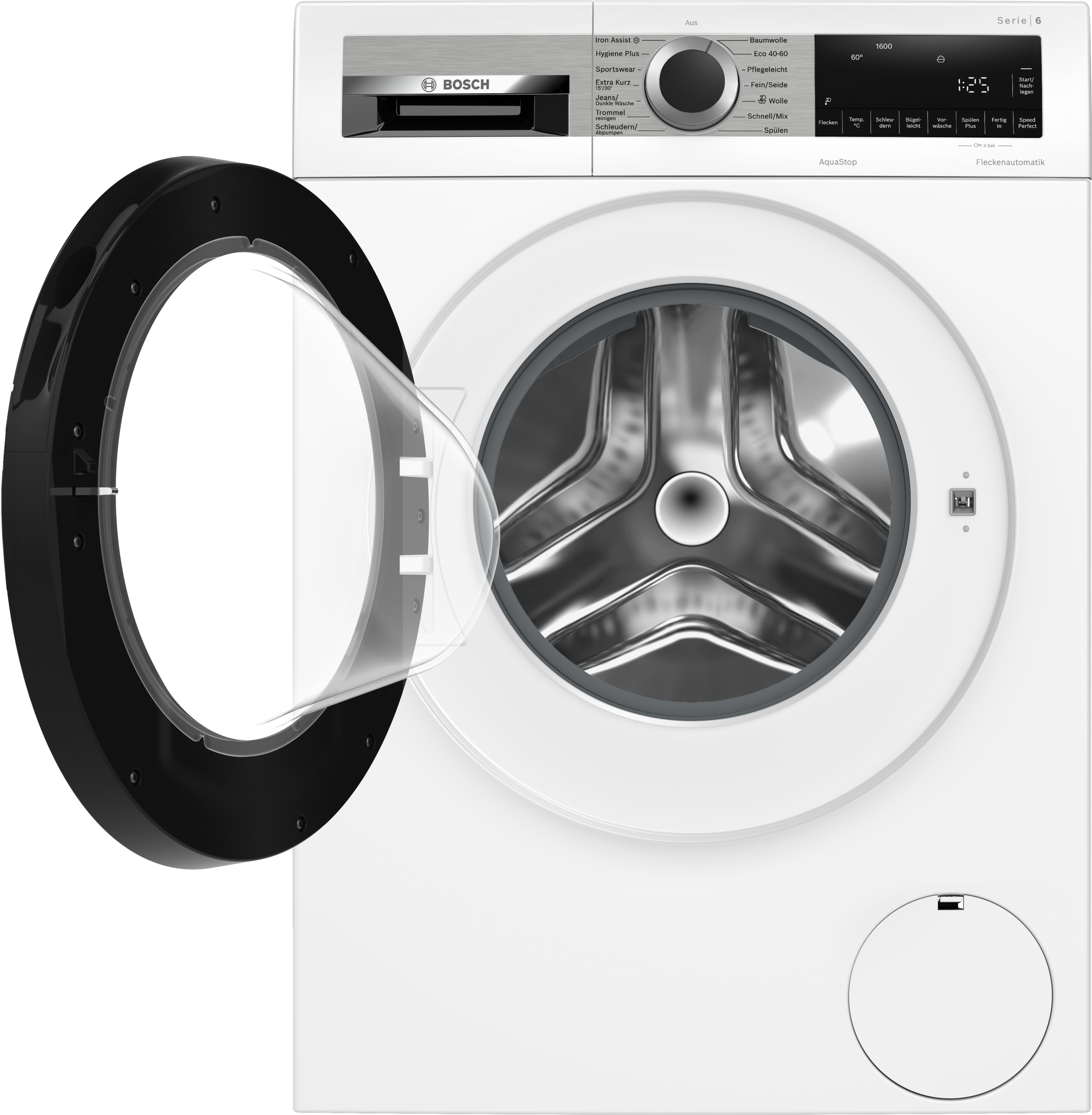 Eine weiße Bosch Waschmaschine mit offener Tür und silbernem Bedienfeld.