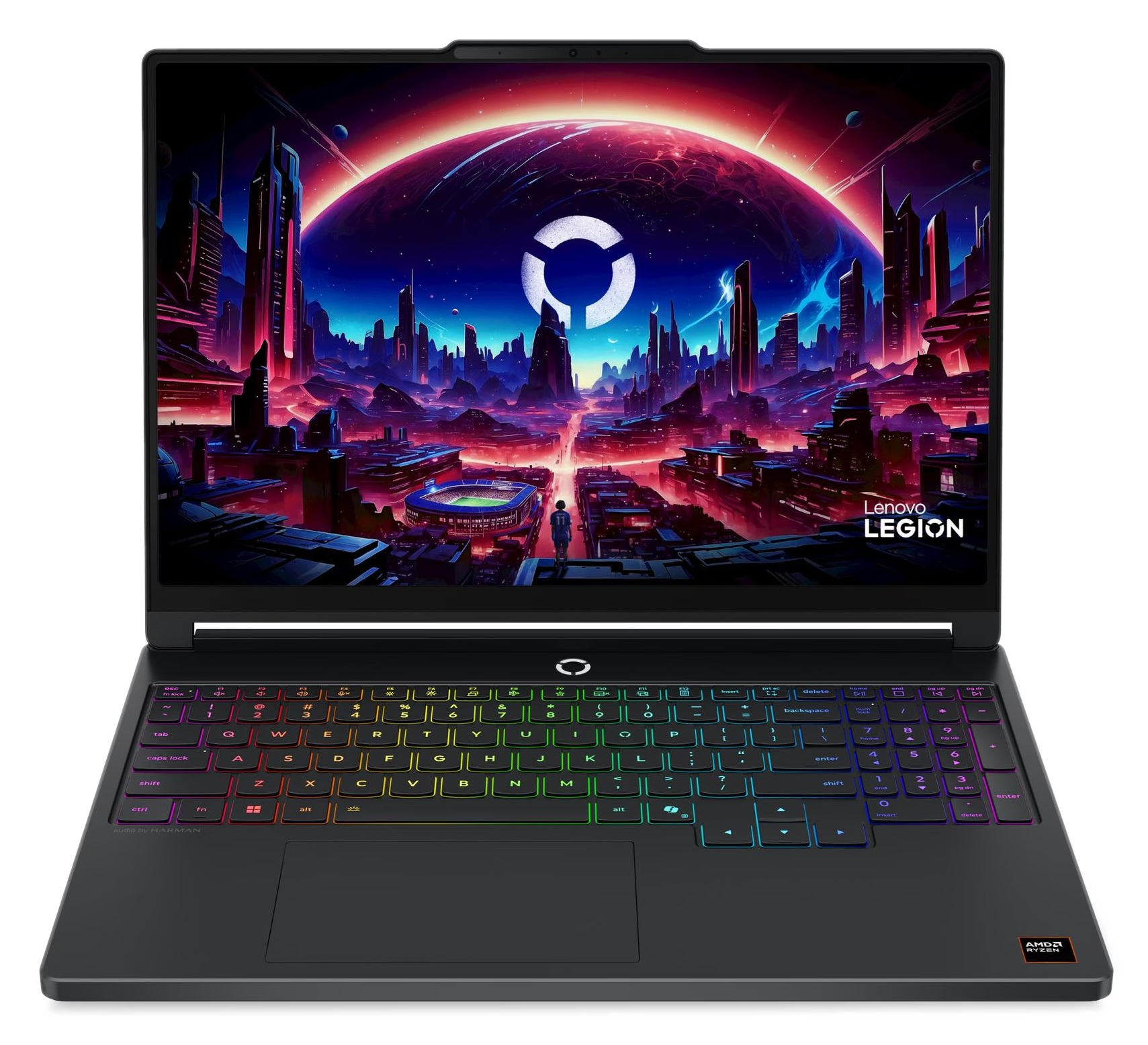 Laptop Lenovo Legion z futurystyczną grafiką miasta i planety na ekranie.
