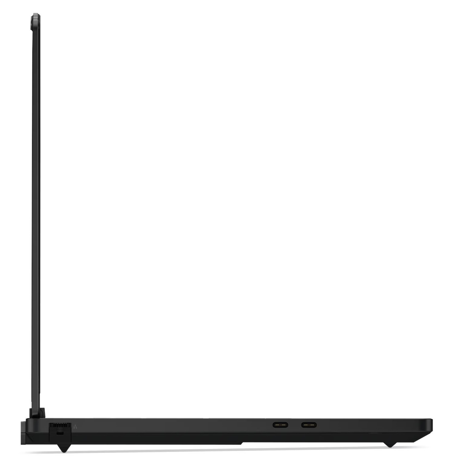 Czarny laptop w profilu, z portami po bokach.