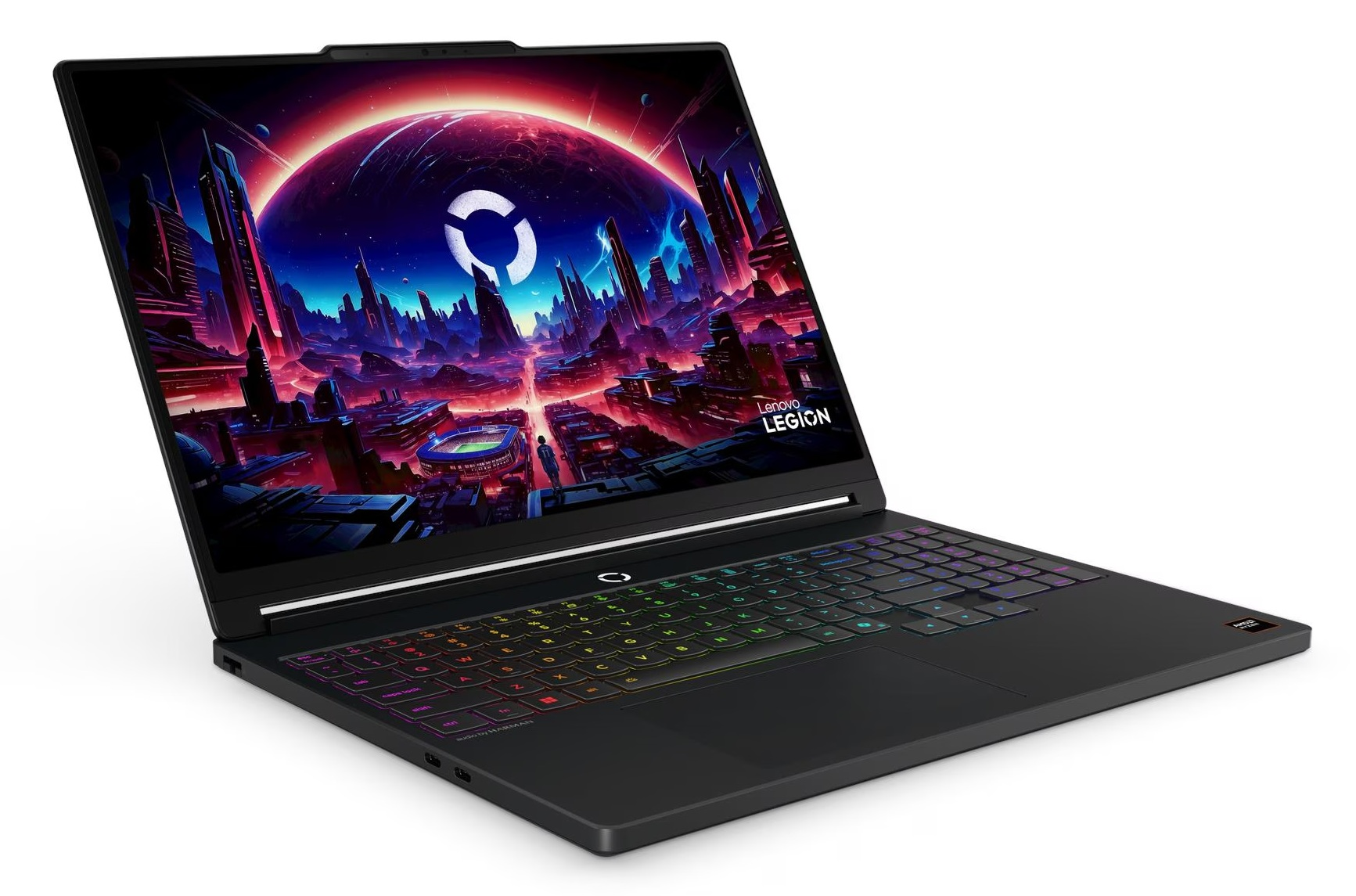 Czarny laptop z podświetlaną klawiaturą i futurystyczną tapetą.