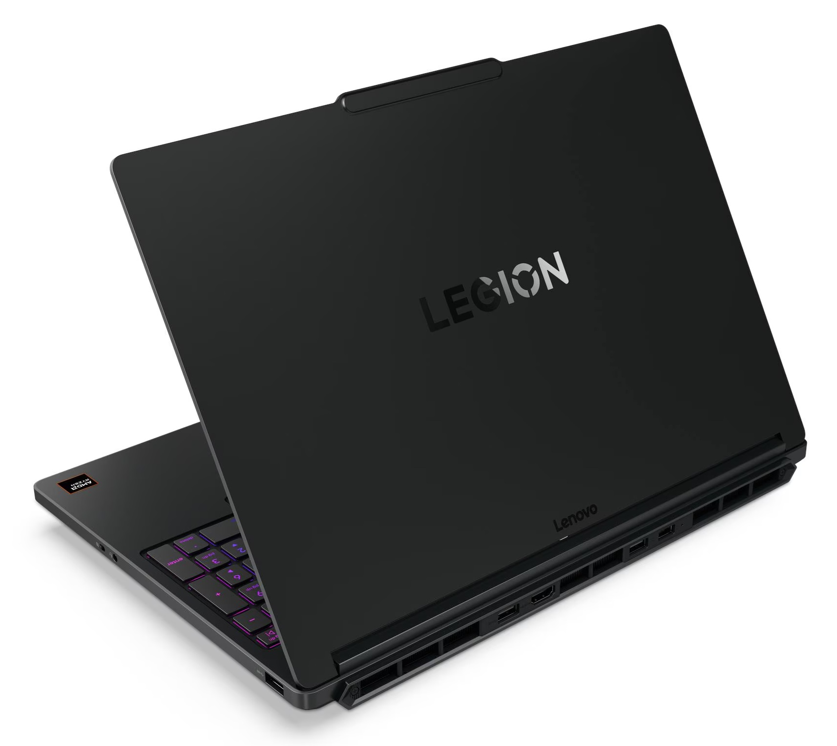 Czarny laptop Lenovo Legion z podświetlaną klawiaturą i naklejką AMD Ryzen.