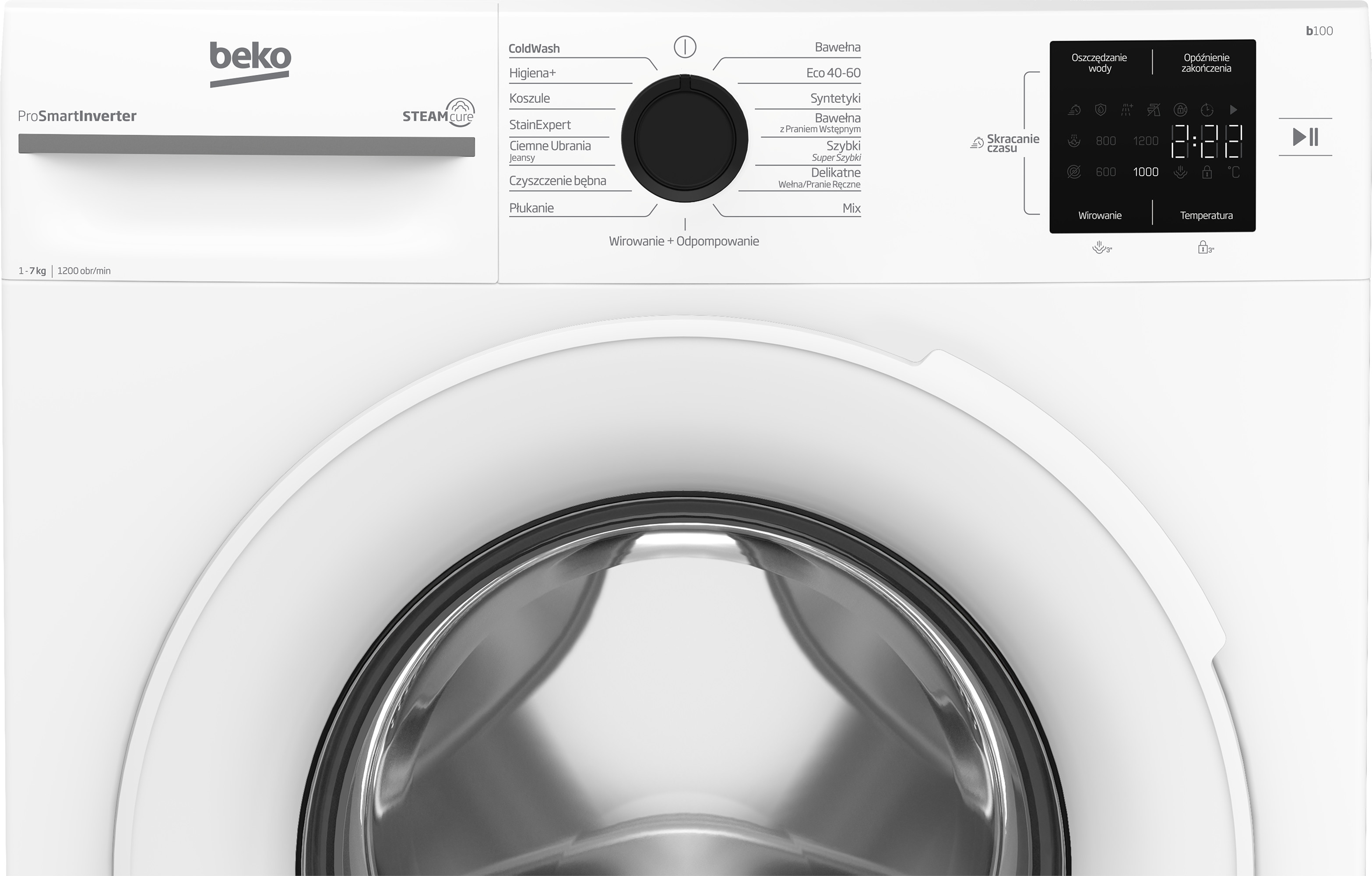 Biała pralka Beko z wyświetlaczem, pokrętłem i iluminatorem. Ładunek 1-7kg.