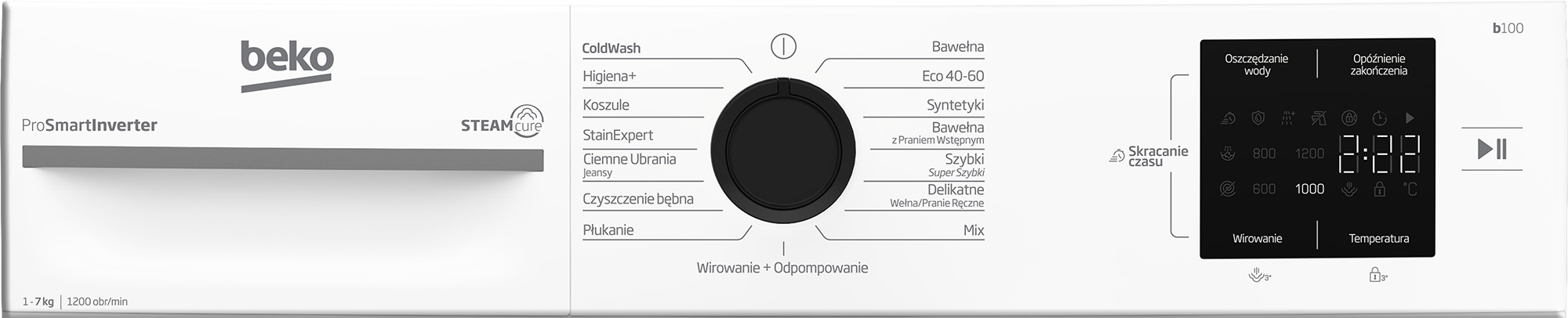 Pralka Beko z cyfrowym panelem i pokrętłem wyboru programów. Pojemność 7kg, 1200 obr/min.