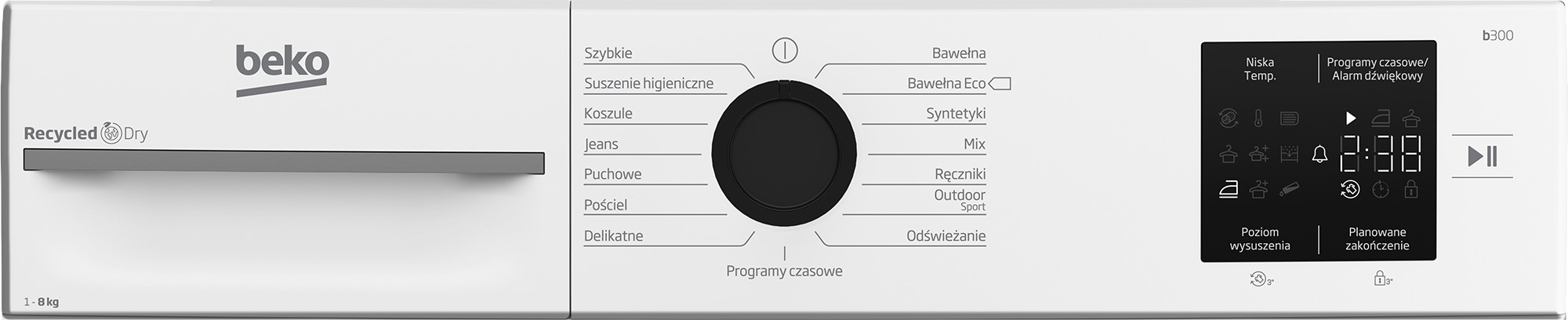 Panel sterowania suszarki Beko z wyborem programów, cyfrowym wyświetlaczem i przyciskami.