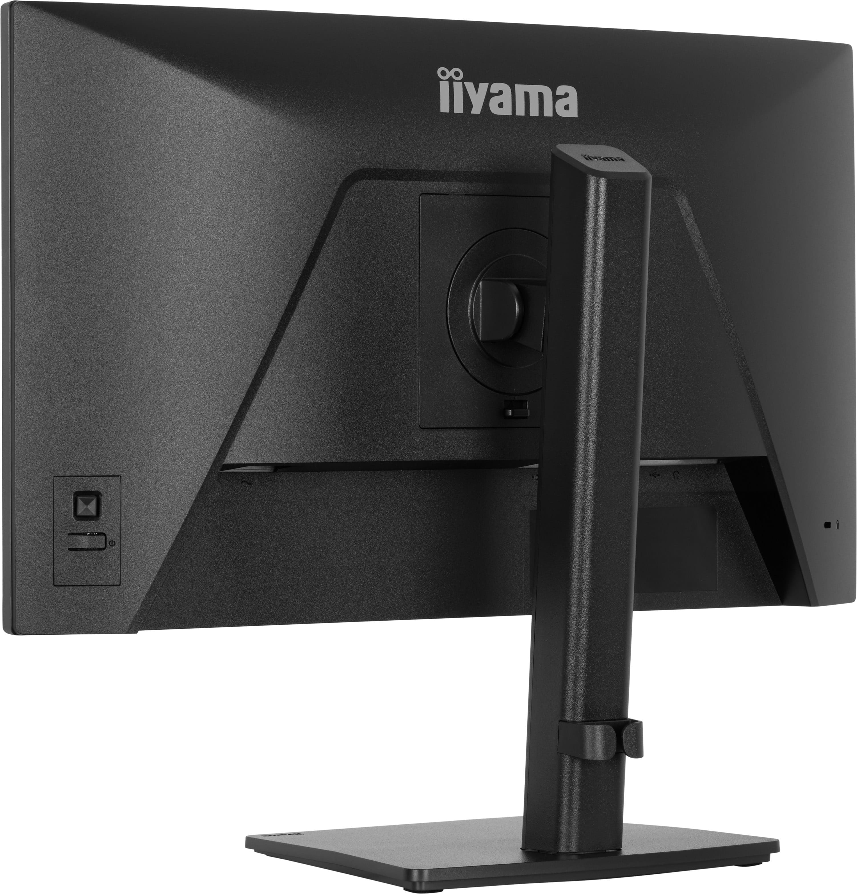 Rückseite eines schwarzen Monitors mit iiyama-Logo und Standfuß.