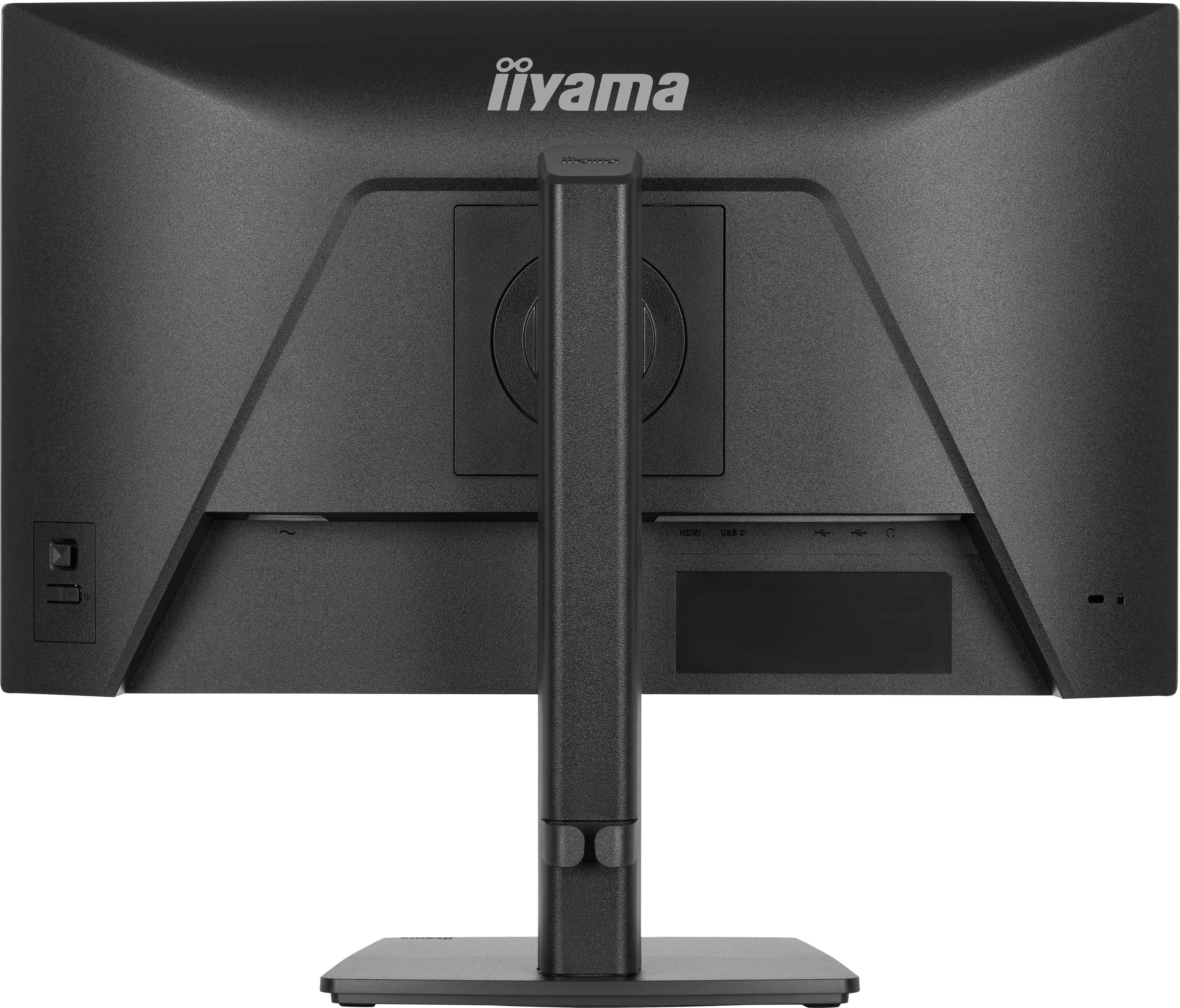 Rückseite eines schwarzen Monitors mit Iiyama-Logo und Anschlüssen wie HDMI und USB-C.