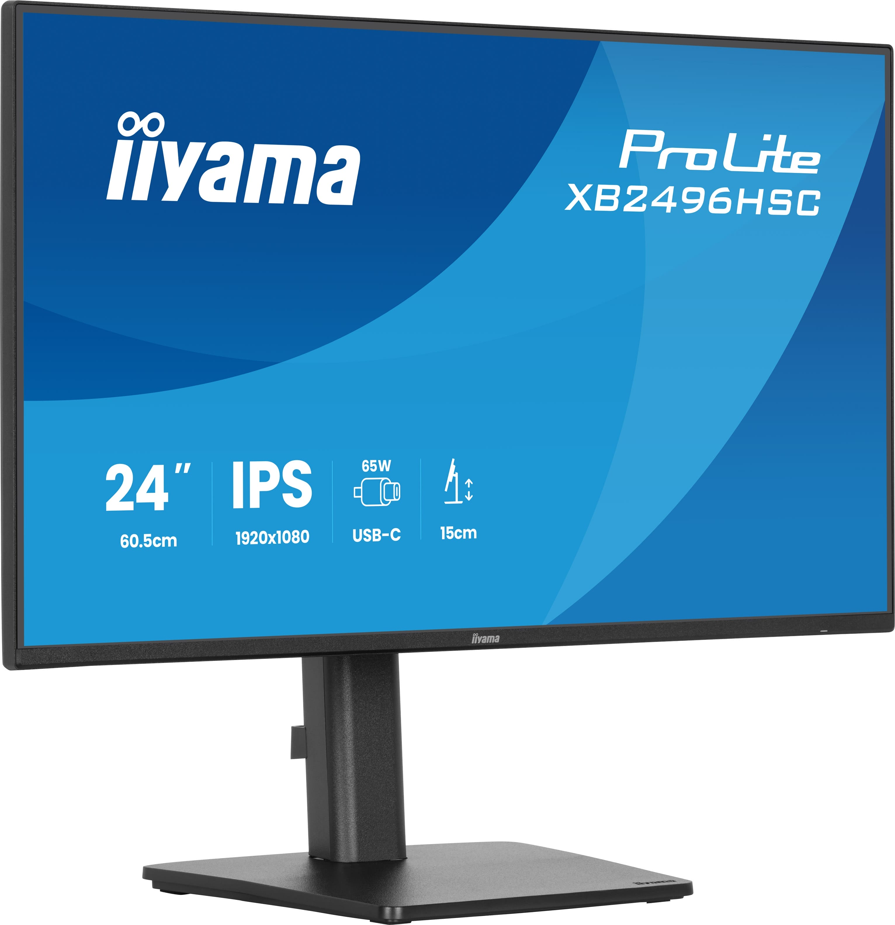 Ein schwarzer iiyama ProLite Monitor mit 24 Zoll, 1920x1080 Auflösung und USB-C.