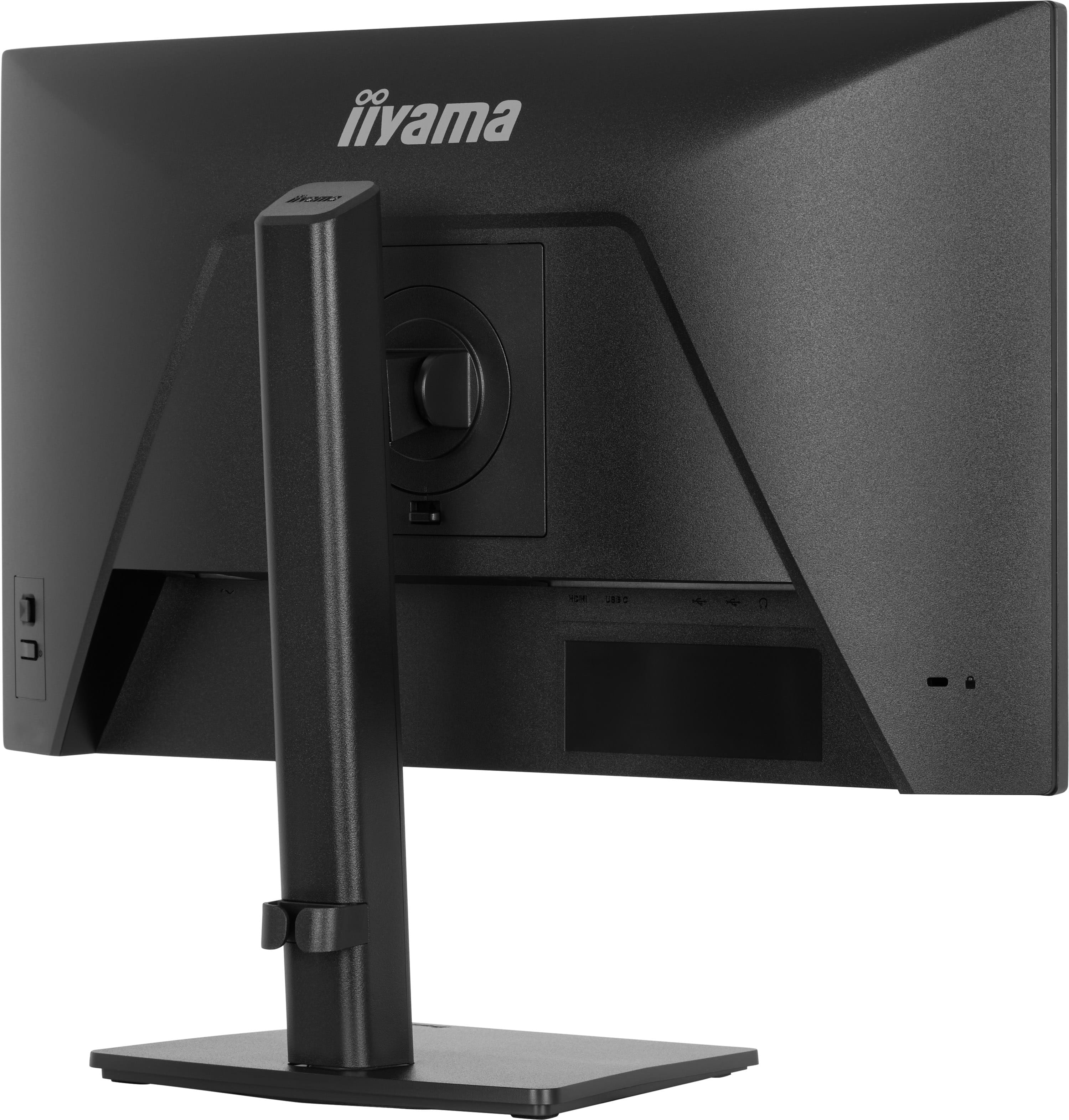 Rückseite eines schwarzen iiyama Monitors mit Anschlüssen und Standfuß.