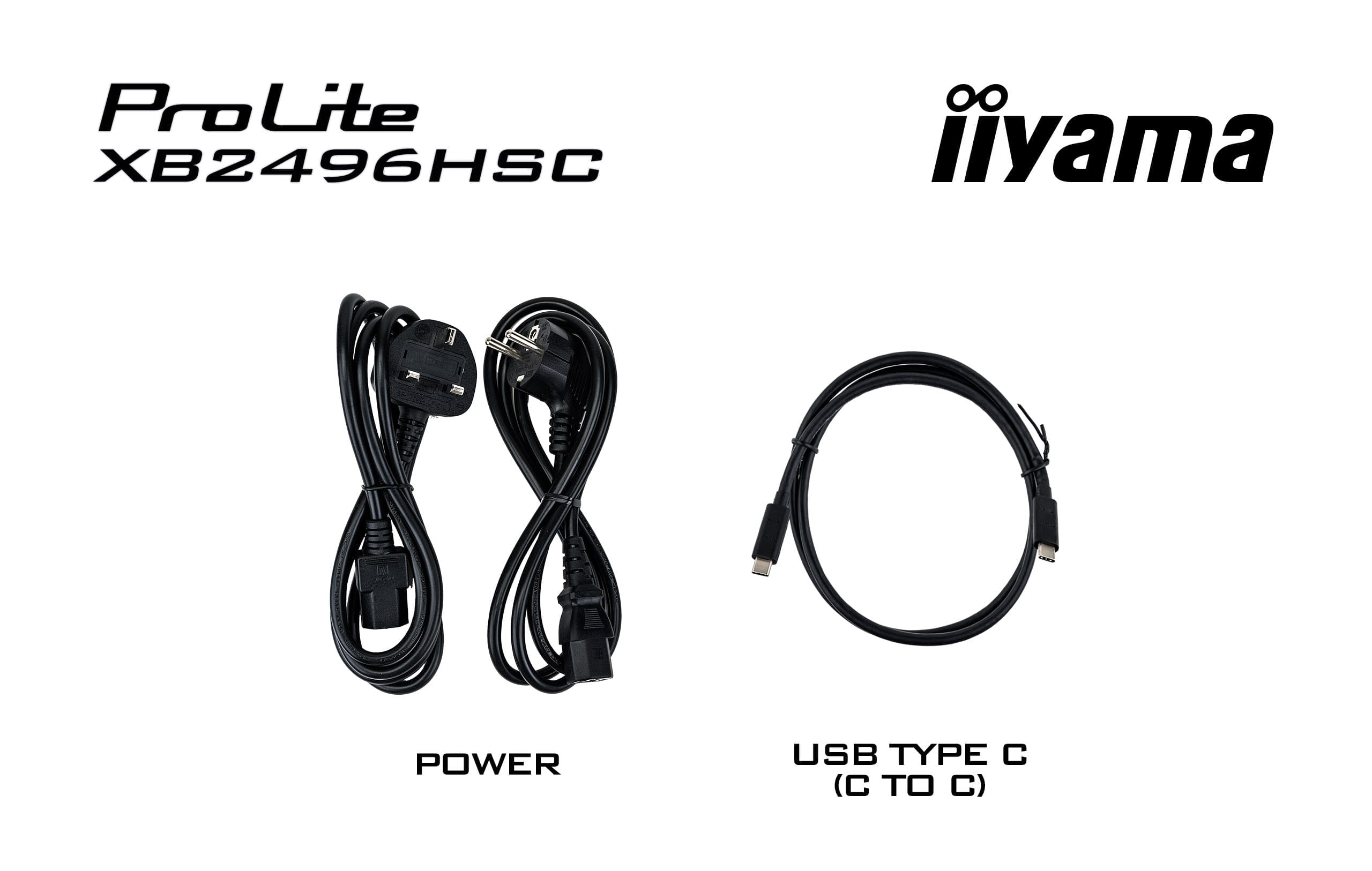 Zwei schwarze Stromkabel und ein schwarzes USB-C-Kabel auf weißem Grund.