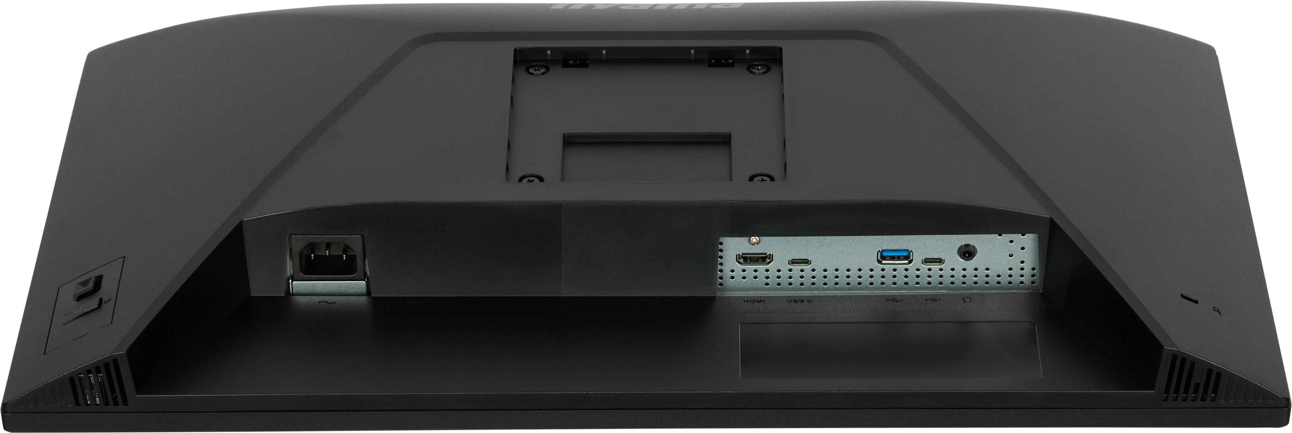 Rückseite eines schwarzen Monitors mit Anschlüssen: Strom, HDMI, USB-C, USB-A und Audio.