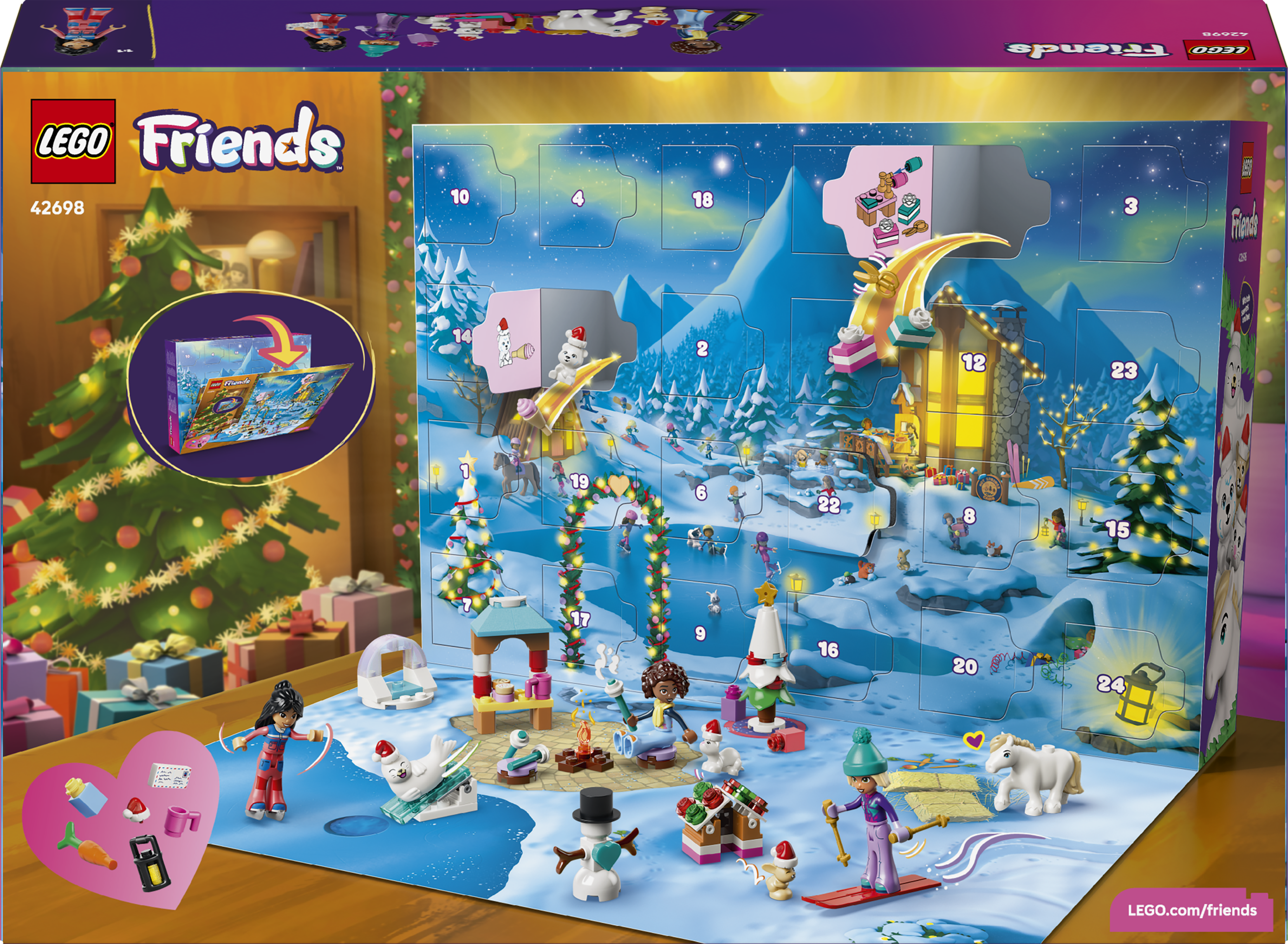 Lego Friends Adventskalender mit winterlicher Szene, Figuren und Tieren.