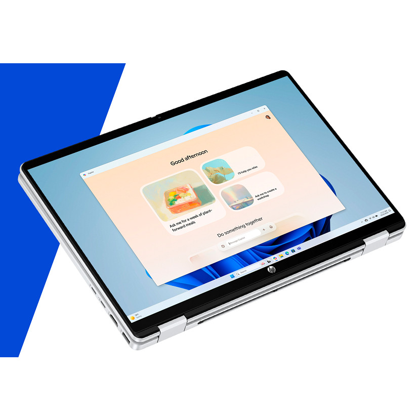 Otwarty laptop HP wyświetlający ekran powitalny z sugestiami posiłków.