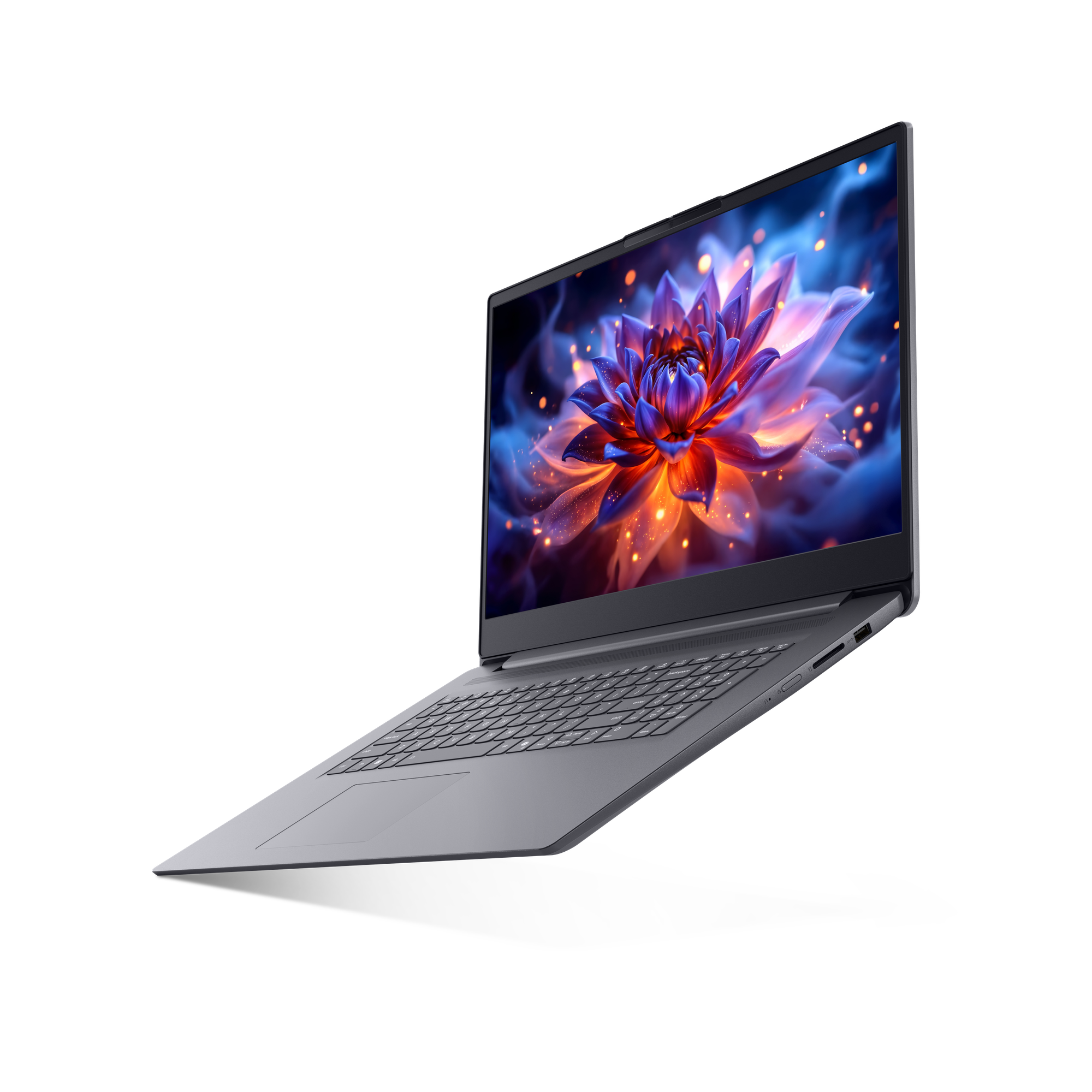 Ein geöffneter Laptop mit einem auffälligen Bild einer Blume auf dem Bildschirm.