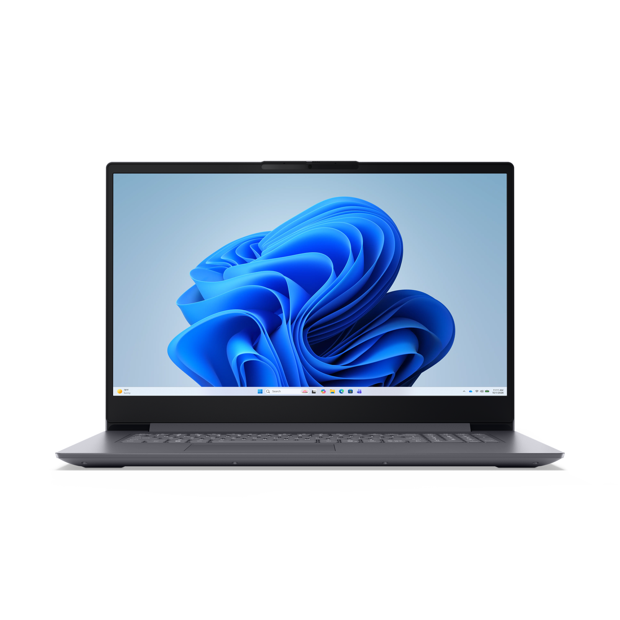 Ein graues Laptop mit einem blauen Hintergrundbild. Die Tastatur ist sichtbar.