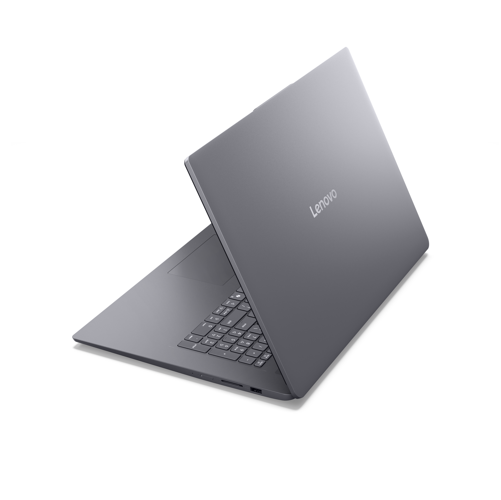 Ein grauer Lenovo Laptop ist auf schwarzem Hintergrund geöffnet.