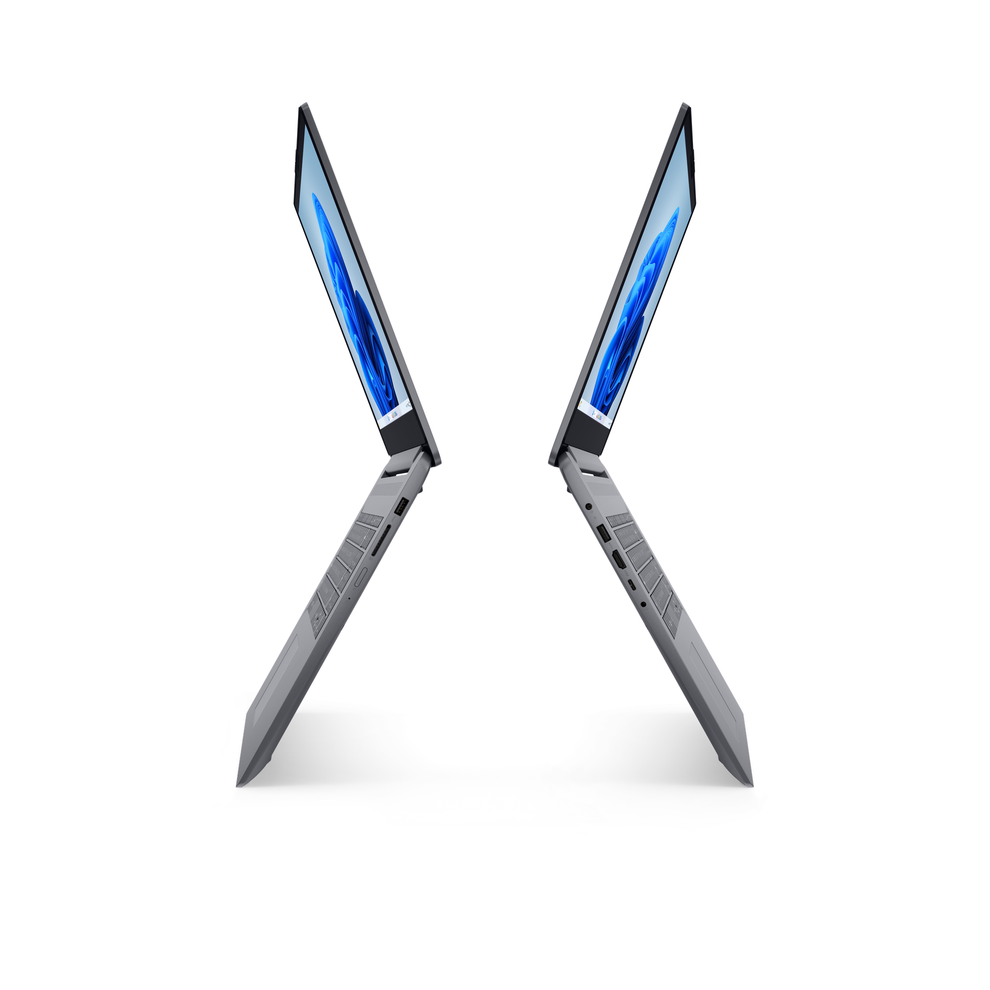 Zwei graue Laptops mit blauen Hintergründen, die sich gegenüber stehen.