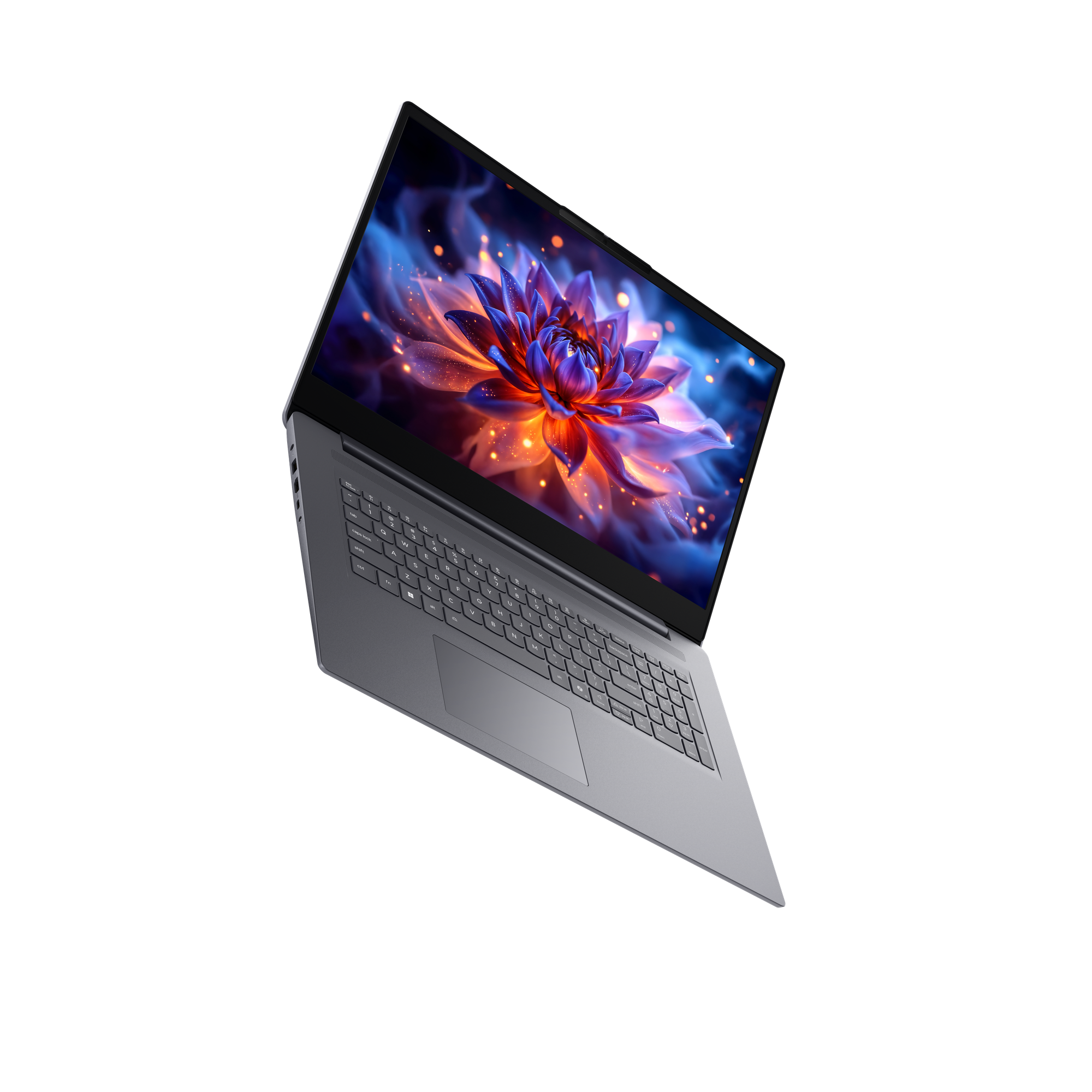 Ein silberner Laptop mit einem bunten Blumenbildschirm auf schwarzem Hintergrund.