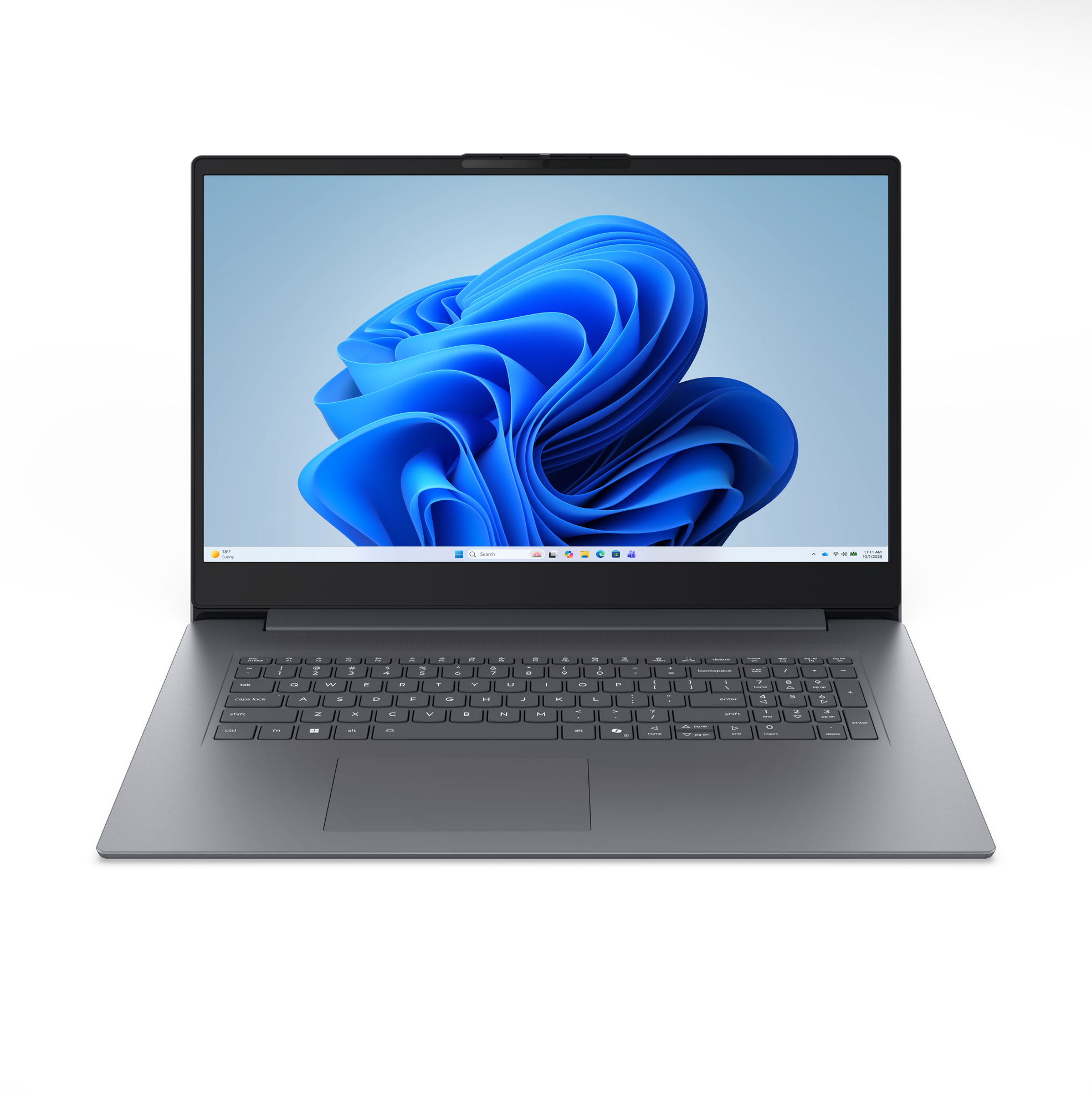 Ein geschlossener grauer Laptop mit blauem Hintergrundbild und Tastatur.
